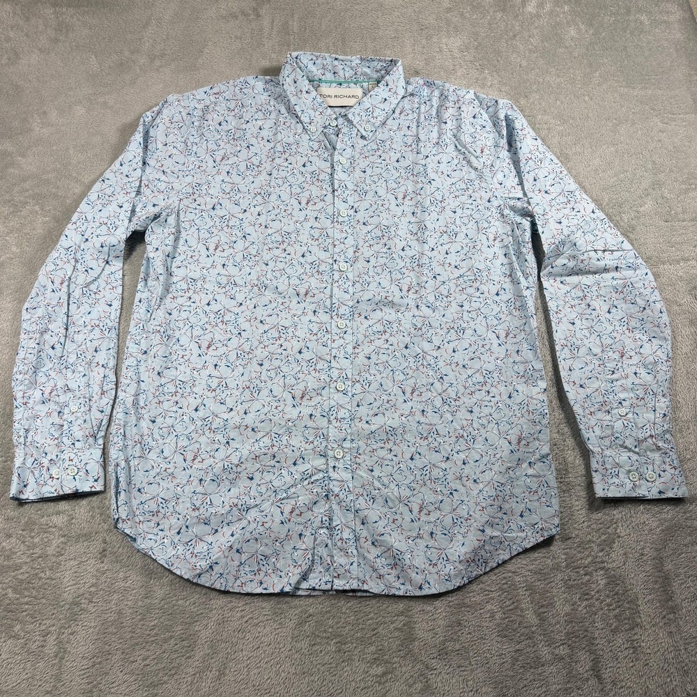 Tori Richard Hawaii Shirt Mens Large Blue Floral Long Sleeve Button Down Vacatio
